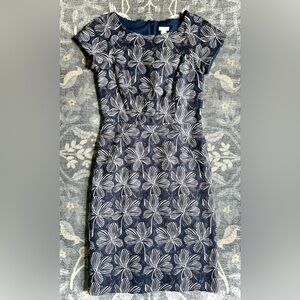 J. Crew Blue and White Floral Printed Sheath Cap Sleeve Midi basketweave dress